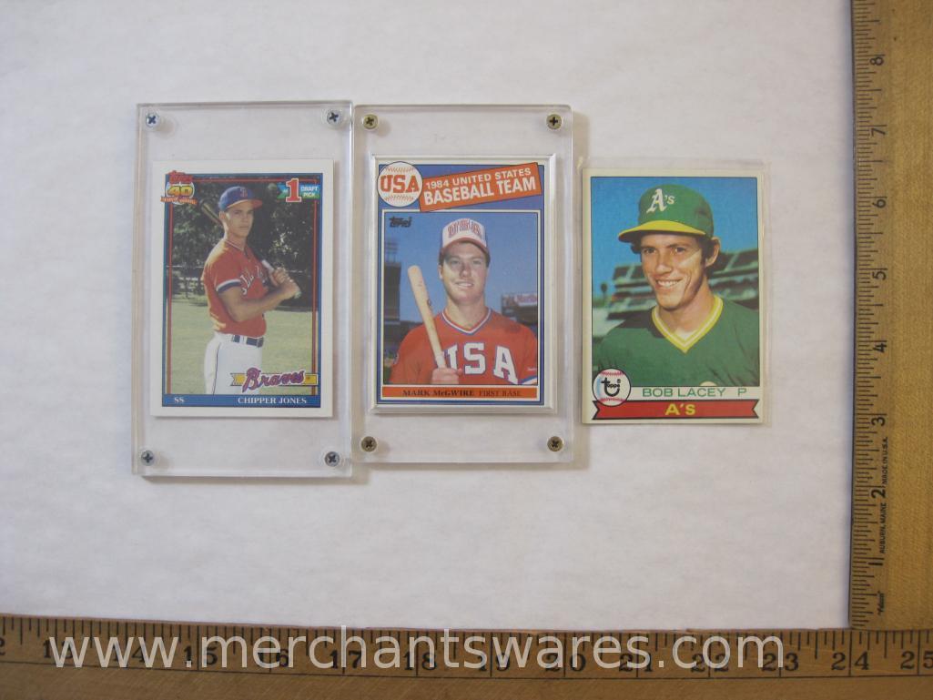 Three Vintage Baseball Cards including 1979 Topps Bob Lacey, 1991 Topps Chipper Jones High School #1