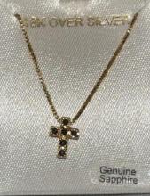 18k Over Silver Cross pendant with Genuine sapphires and chain