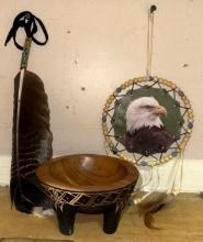 Carved Wood Bowl, Beaded Feather and Dream Catcher