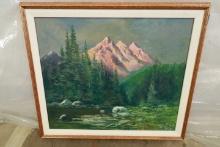 Framed Oil On Canvas Mountain Scene
