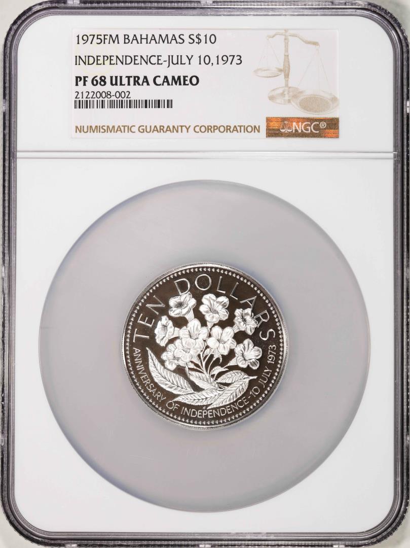 1975FM Bahamas $10 Proof Independence Silver Coin NGC PF68 Ultra Cameo
