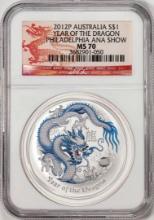 2012-P Australia $1 Year Of The Dragon Colorized Silver Coin NGC MS70 Philly ANA Show