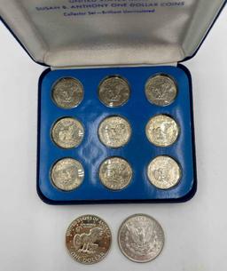1882O Morgan Silver Dollar. 1974S Proof Eisenhower Silver Dollar. Set of 9 Susan B. Anthony dollar