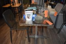 TABLE WITH METAL BASE, WOOD TOP COVERED WITH METAL,