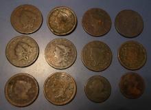 LOT OF TEN LARGE CENTS & TWO HALF CENTS CULLS/LOW GRADE (12 COINS)