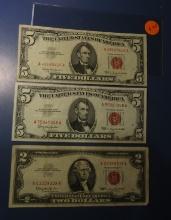 LOT OF TWO 1963 $5.00 US NOTES & 1963 $2.00 NOTE XF/AU (3 NOTES)