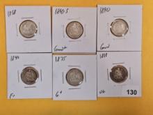 Six silver Seated Liberty Dimes