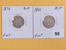 1872 and 1866 Three Cent Nickels