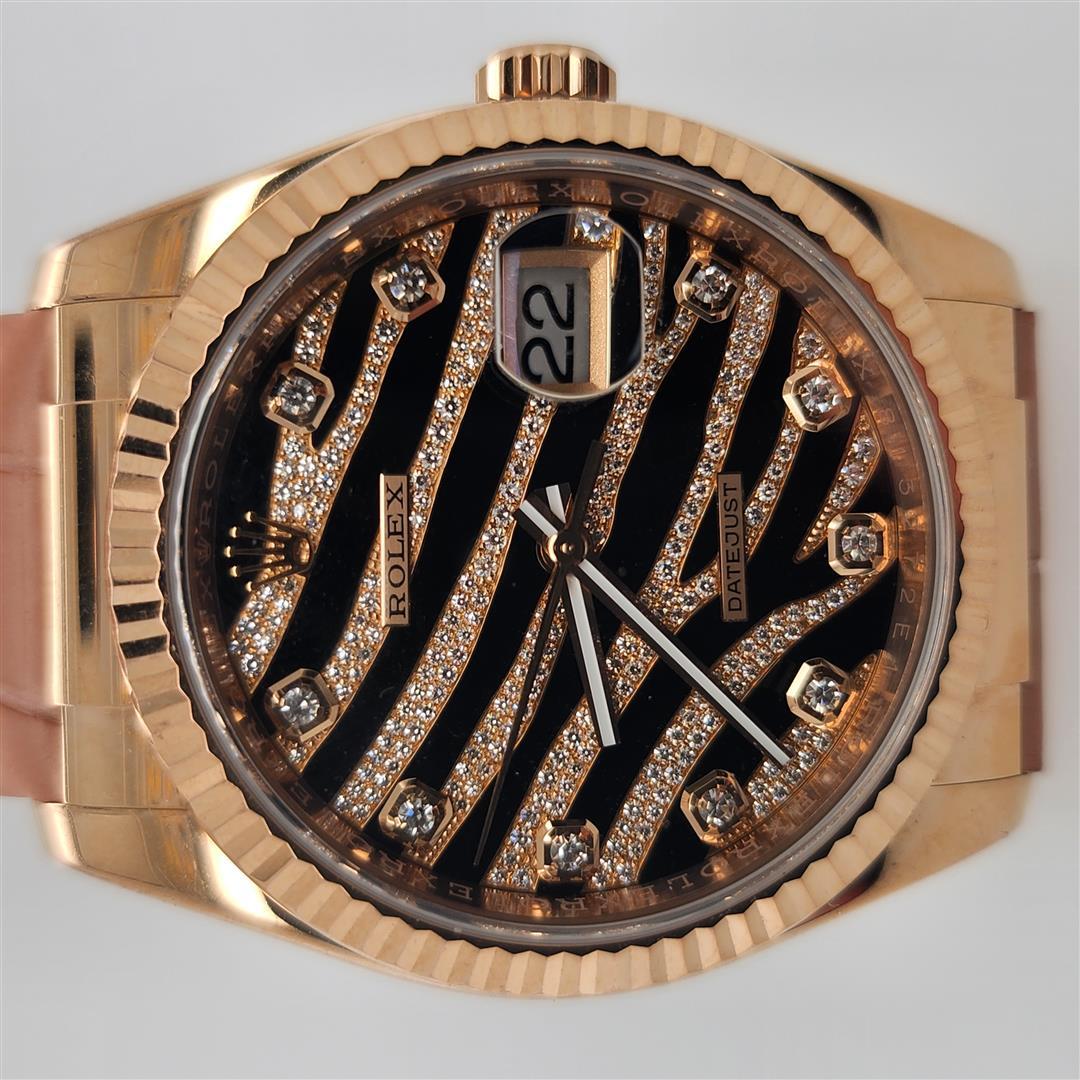 Rolex Zebra Pave Rose Gold Genuine Alligator Leather Wristwatch