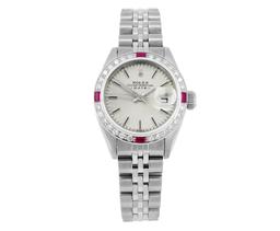 Rolex Ladies Stainless Steel Silver Index Diamond And Ruby Date Watch With Rolex