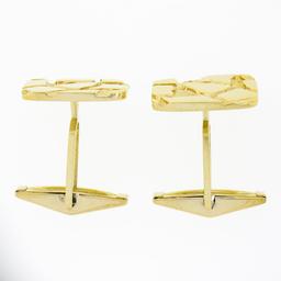 Mens Solid 14k Yellow Gold Nugget Textured & Polished Crackled Square Cuff Links