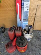 MIXED LOT CEMENT TROWELS -GAS CANS AND T 8 SHOP LIGHT