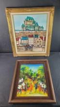 2 Framed oil/canvas artwork pieces with signatures Castle/Horse Carrage Haitian inspired