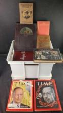 Bin of antique/vintage books magazenes yearbooks etc