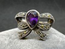 Silver Tear Drop Purple Amethyst ribbon Ring 4.32 Grams Size 6