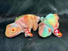 Pair of Rare Retired Beanie Babies Rainbow and Iggy Iguanas