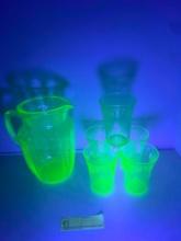 Uranium Glass Pitcher & 5 cups