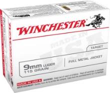Winchester Ammo USA9MMVP USA 9mm Luger 115 gr Full Metal Jacket FMJ 100 Bx Value Pack