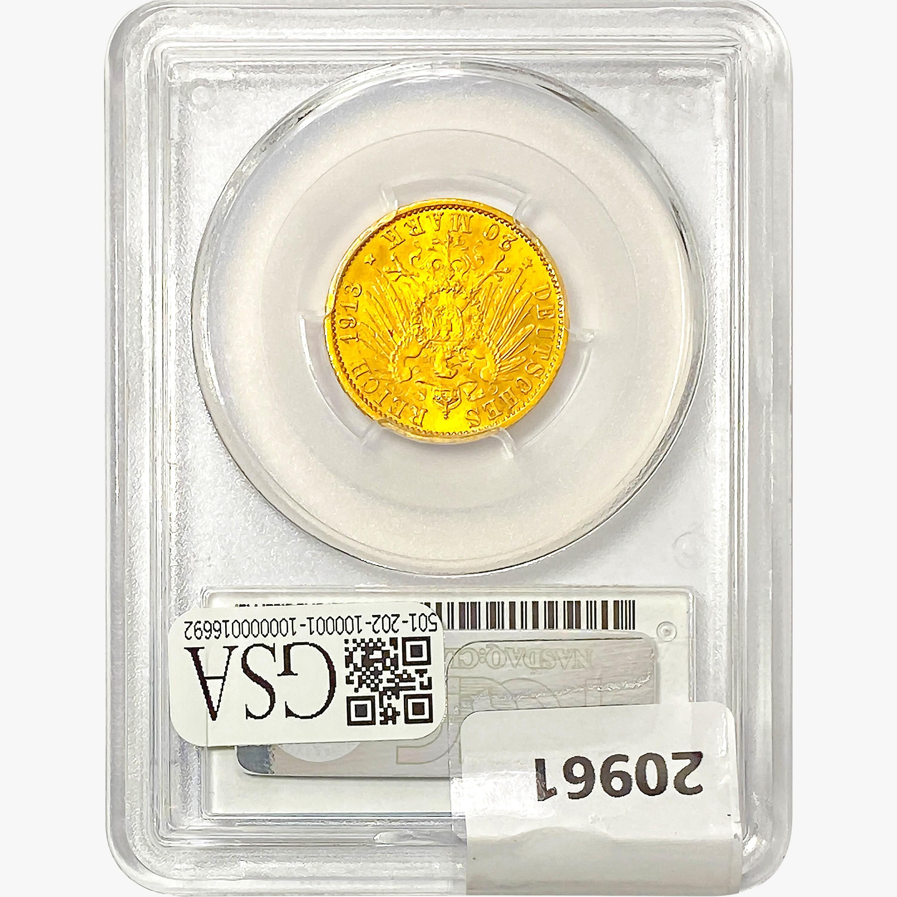 1913-A .2305oz. Gold Prussia 20 Mark PCGS MS63+ Mi