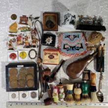 Tray Lot of Saloon Tokens, Shaving Brushes, Tin Type Photos and More