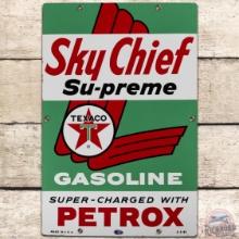 1965 Texaco Sky Chief Gasoline w/ Petrox SS Porcelain Pump Plate Sign "White T"