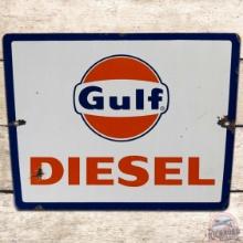 Gulf Diesel SS Porcelain Gas Pump Plate Sign w/ Logo