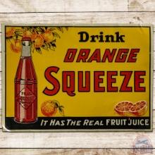 Drink Orange Squeeze Emb. SS Tin Sign w/ Bottle & Oranges