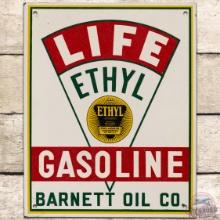 NOS Life Ethyl Gasoline Barnett Oil Co. SS Tin Pump Plate Sign