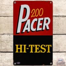 Pacer 200 Hi-Test Gasoline SS Porcelain Pump Plate Sign
