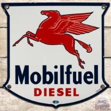 1953 Mobilfuel Diesel SS Porcelain Gas Pump Plate Sign w/ Pegasus