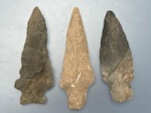 3 Well-Made Stemmed Points, Carbon Co., Chert, Found in Jim Thorpe Area in Pennsylvania, Longest is