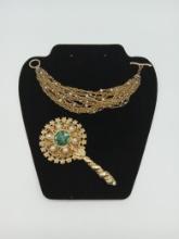 Gold Tone Hand Mirror and Gold Tone Bracelet w Pearls