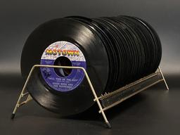 Assortment Vinyl 45 Records with Storage Rack