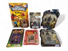Six assorted action figures and collectables- Black Panther, Michael Jackson, Power Rangers, Men of