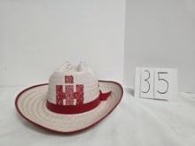 IH red and white medium straw cowboy hat