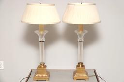 Pair Of Vintage Crystal Column And Gold Toned Table Lamps