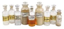 Apothecary Bottles & Jars (9), most round, 5 w/LUG & 3 w/orig contents, VG