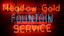 Soda Fountain Neon Sign, "Meadow Gold Fountain Service", orange & blue neon, c.194