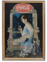 Coca-Cola Window Display Sign, Rare 1924 litho on cdbd diecut, pretty girl