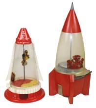 Coin-Operated Space Age 1 Cent Gumball Vendors (2), Ring Ding space ship &