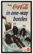 Coca-Cola Sign, litho on cdbd, c.1960s, bottles w/diamond logo, "Enjoy Coca-Cola in one-way