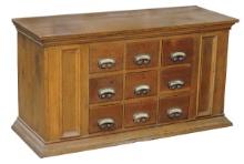 Apothecary Cabinet Base, c.1850s, oak w/9 walnut dovetailed drawers w/scrol