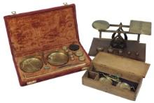 Scales (3), two 19th C. apothecary type, one in velour fitted case, other h