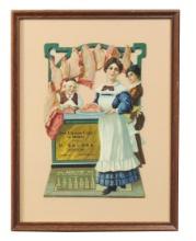 Meat Market Calendar, 1910 litho on cdbd diecut of young woman at the butch