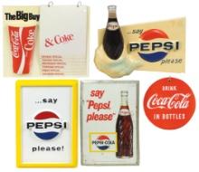 Coca-Cola & Pepsi Advertising (5), molded plastic Pepsi sign w/bottle & Say