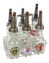 Petroliana Oil Bottles in Wire Carrier (7 pcs), Polarine, Mobiloil " AF" &