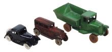 Toy Cars & Truck (3), Sedan by Arcade, cast iron, pressed steel Dump Truck