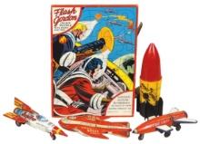 Toy Space Items (5), 1951 Flash Gordon puzzle in sleeve, rocket ship shaker