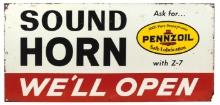 Petroliana Pennzoil Service Bay Sign, "Sound Horn We'll Open" w/Pennzoil logo, litho on tin, Goo