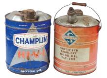 Petroliana 5 Gal Oil Cans (2), litho on tin Champlin & Skelly, Good+ cond w